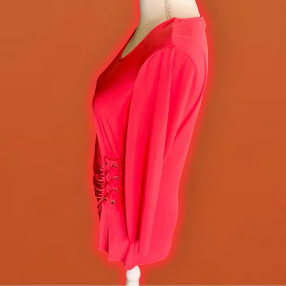Calvin Klein ‘3/4 Sleeve Ruched Lace Up Detail Pullover Blouse’ Coral Red Size S - Picture 12 of 15
